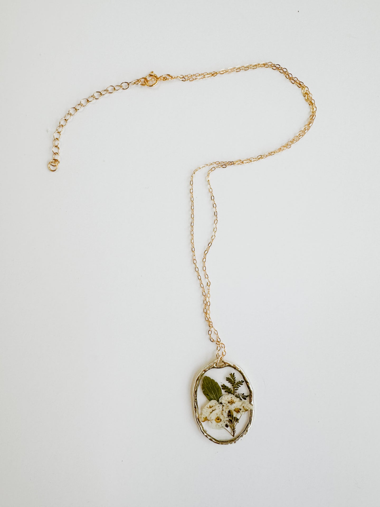 “Secret Garden” Necklace - Assorted White Flowers & Greens, Oval